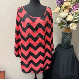 Justify 1X Chevron Print Sheer Blouse Top Black Red Studded Long Sleeve Trendy